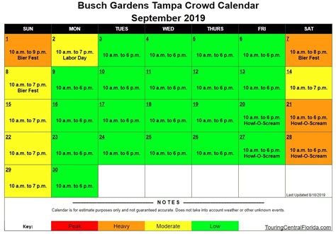 Busch Gardens Tampa crowd calendar January 2020 Previous Next Jan Jan Feb Mar Apr May Jun Jul Aug Sep Oct Nov Dec ... Crowd calendar key. Symbol Meaning; 🕙 Opening hours: 🏖️ Public holiday: 🌧️ Rainy day: Public holidays in January 2020. Date Holiday; January 01, 2020: